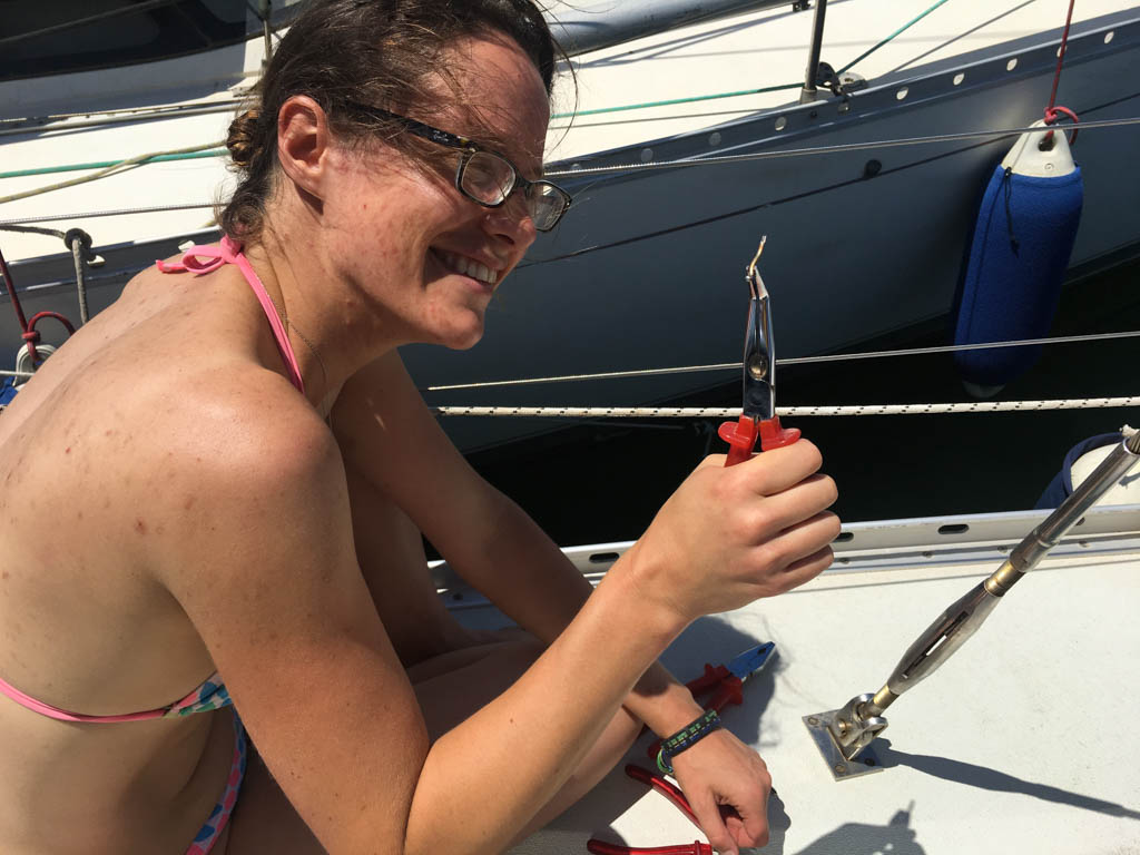Angie proud of her first repair: extracting and replacing a damaged split pin from one of the port shrouds.